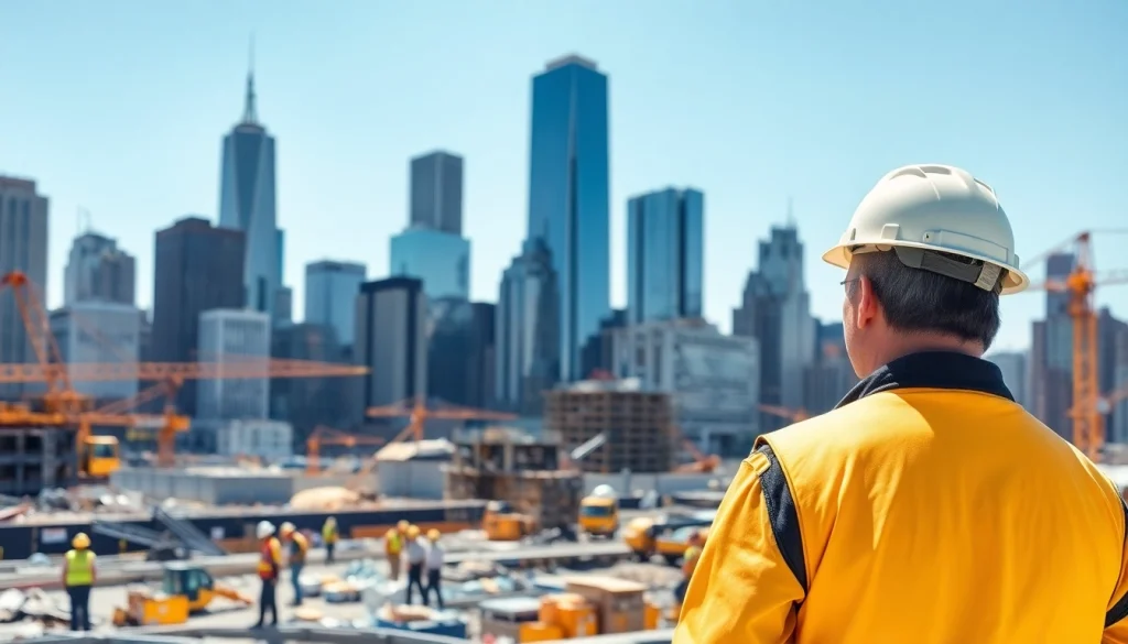 New York Commercial General Contractor managing a construction site with city skyline.