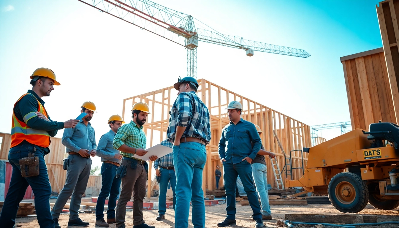 Workers engaged in Austin construction, collaborating on building plans and surrounded by modern tools.