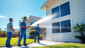 Soft wash in action, showcasing a professional team cleaning a home's exterior in Kissimmee, FL.