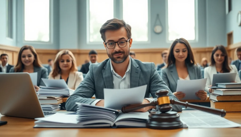 Soudní překladatel in action translating legal documents in a professional courtroom setting.