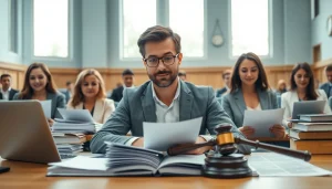Soudní překladatel in action translating legal documents in a professional courtroom setting.