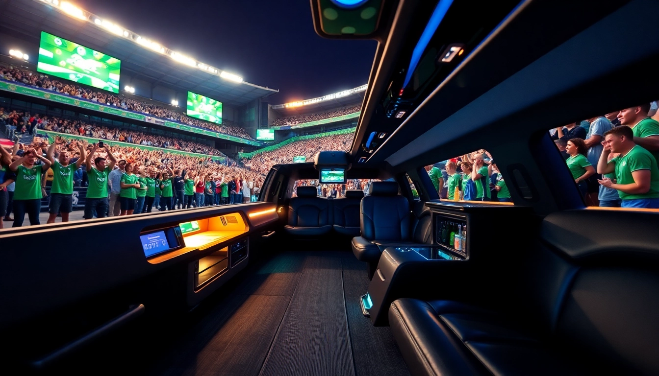 World Cup Group Transportation with luxurious limousine ready for excited fans outside a stadium.
