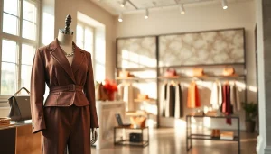 Showcasing Rivelle fashion in an elegant boutique setting with tailored outfits.