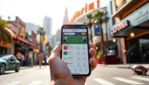 Explore popular sports betting apps California interface on a smartphone amidst a lively urban backdrop.