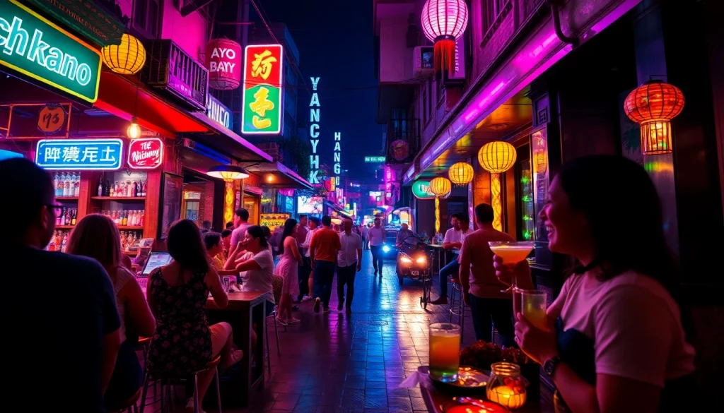 Experience Hanois vibrant nightlife (하노이밤문화) with lively bars and neon lights.