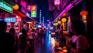 Experience Hanois vibrant nightlife (하노이밤문화) with lively bars and neon lights.