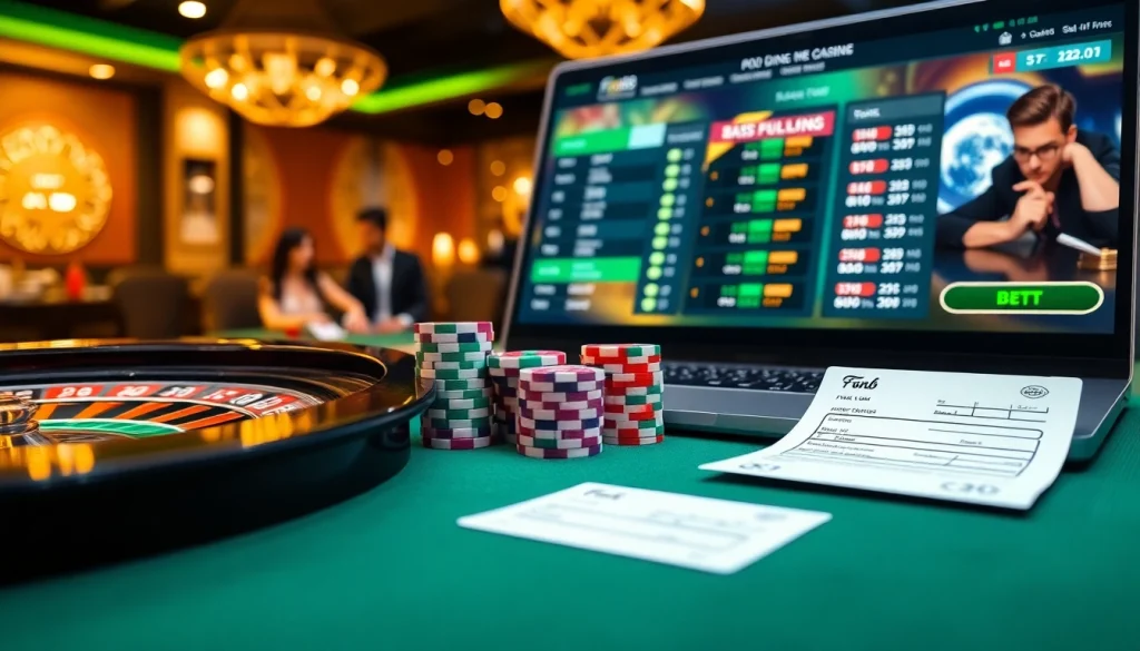 Place your bets with Fun88 link on a luxurious casino table filled with vibrant gaming elements.