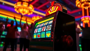 Putar plink slot yang berkilauan dengan simbol keberuntungan di latar belakang kasino yang meriah.