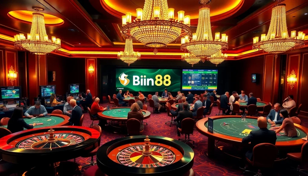 Players winning big at Bin88 casino with poker chips and roulette wheel.