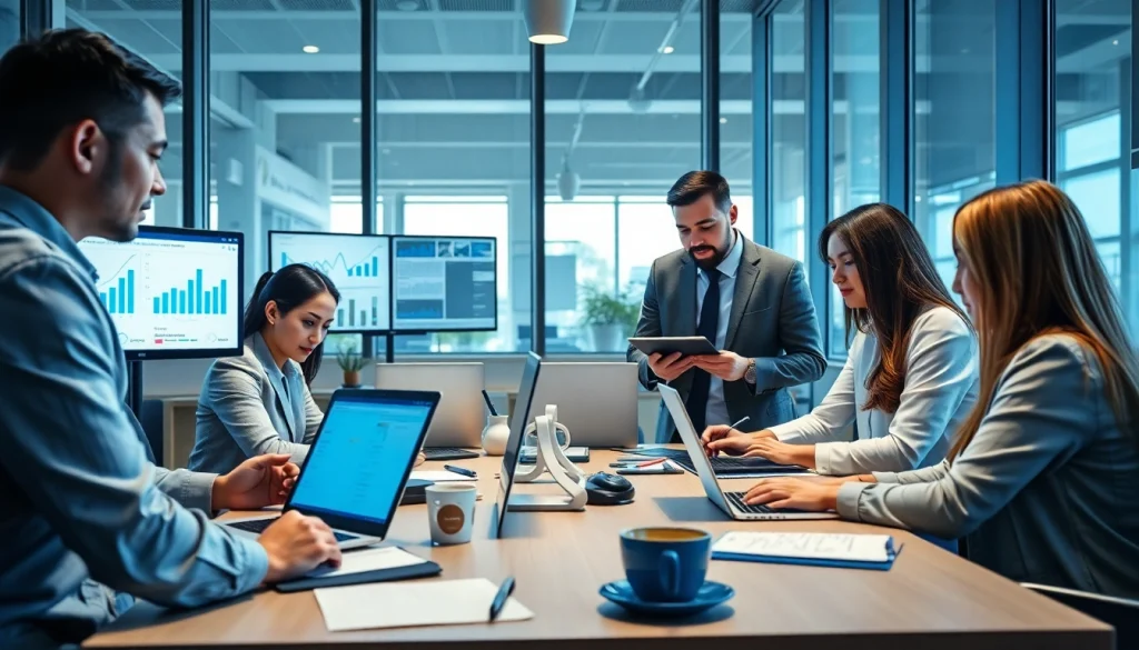 Contact data verification team collaborating in a modern office environment showcasing digital metrics.