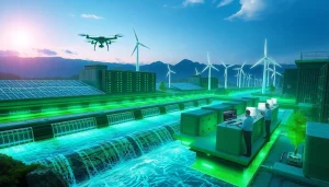 Futuristic cloud mining site showcasing renewable energy sources like hydro, solar, and wind farms for sustainable mining.