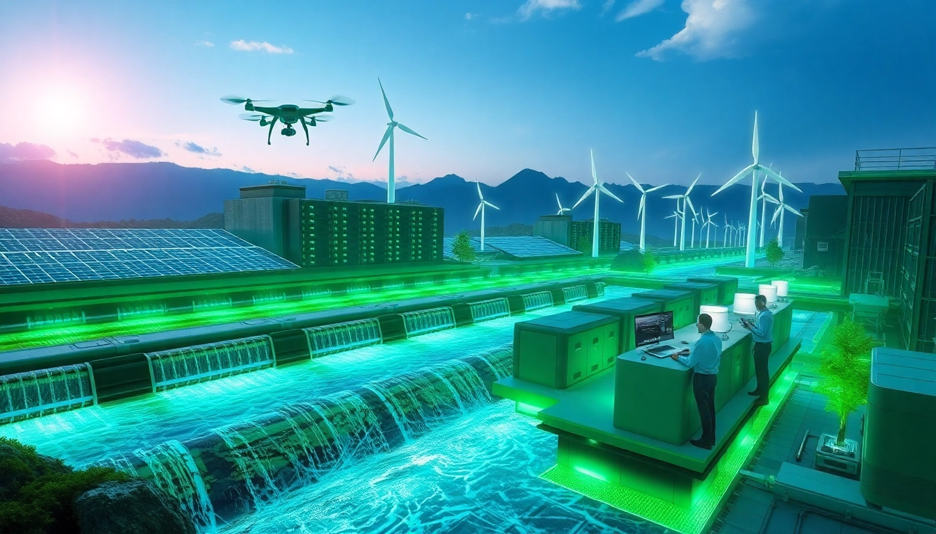 Futuristic cloud mining site showcasing renewable energy sources like hydro, solar, and wind farms for sustainable mining.