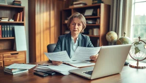 Traducteur assermenté russe professionnel à un bureau avec des documents et un ordinateur portable.
