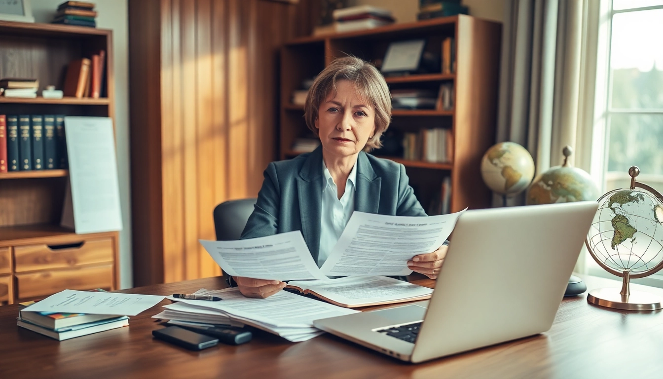 Traducteur assermenté russe professionnel à un bureau avec des documents et un ordinateur portable.