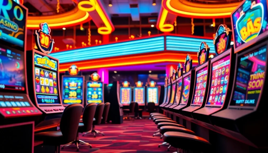 Menggambarkan pengalaman bermain slot pulsa dengan antarmuka kasino online yang cerah dan menarik.