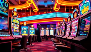 Menggambarkan pengalaman bermain slot pulsa dengan antarmuka kasino online yang cerah dan menarik.