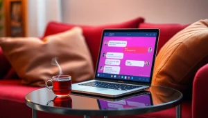 Engaging conversation scene with a laptop on sex chat ai in a cozy room.