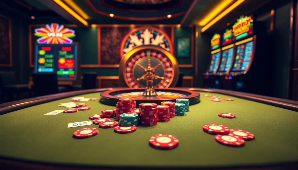 Experience the excitement of W88 link at a luxurious casino table with chips, cards, and a roulette wheel.