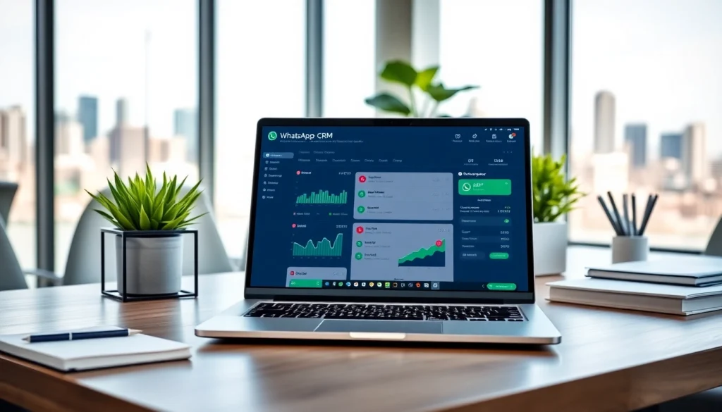 Transform your business using WhatsApp Smart CRM with an efficient dashboard on a modern office desk.