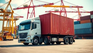 Drayage truck transporting a shipping container at a busy port, highlighting logistics.
