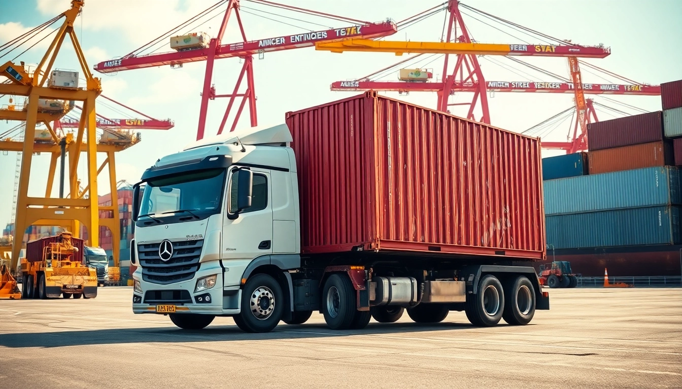Drayage truck transporting a shipping container at a busy port, highlighting logistics.