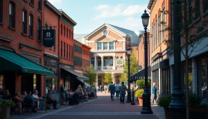 Visitors enjoying the vibrant atmosphere of Clarksburg, showcasing local shops and historic architecture.