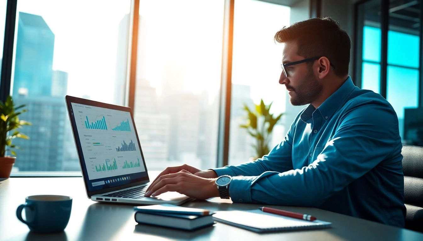 Analyze competitive intelligence data in a modern office with charts and graphs.