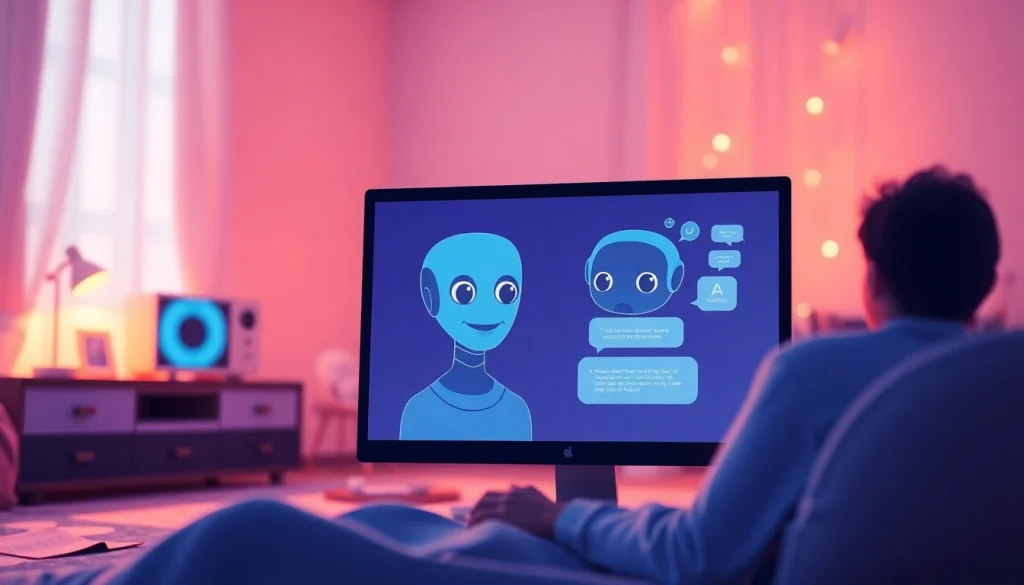 Engaging visual of a cozy room depicting ai sex chat interaction with a friendly AI character on screen.