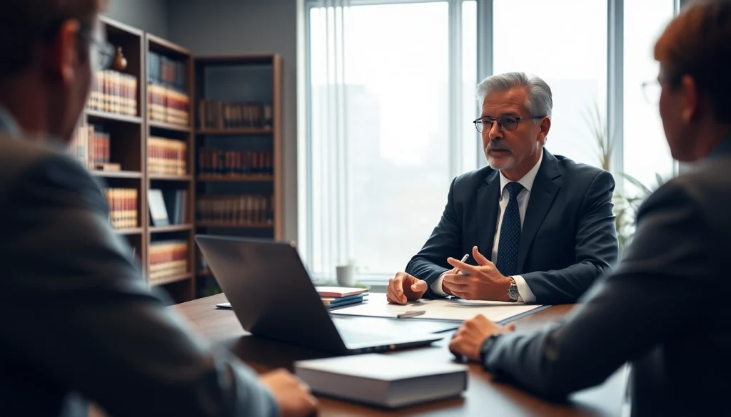 A dedicated real estate lawyer consulting with a client in a professional office setting.