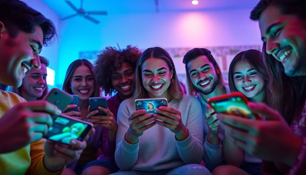 A group of friends enjoying a mobile porn game on their smartphones, showcasing a vibrant gaming atmosphere.