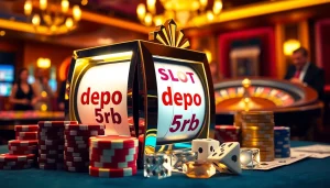 Permainan yang mendebarkan di kasino mewah dengan Slot Depo 5rb dan chip poker berwarna-warni.