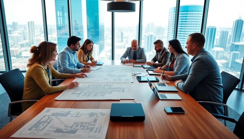 Engaged professionals collaborating on construction advocacy in a modern boardroom setting.