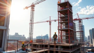 Austin construction site bustling with workers and machinery showcasing urban development.