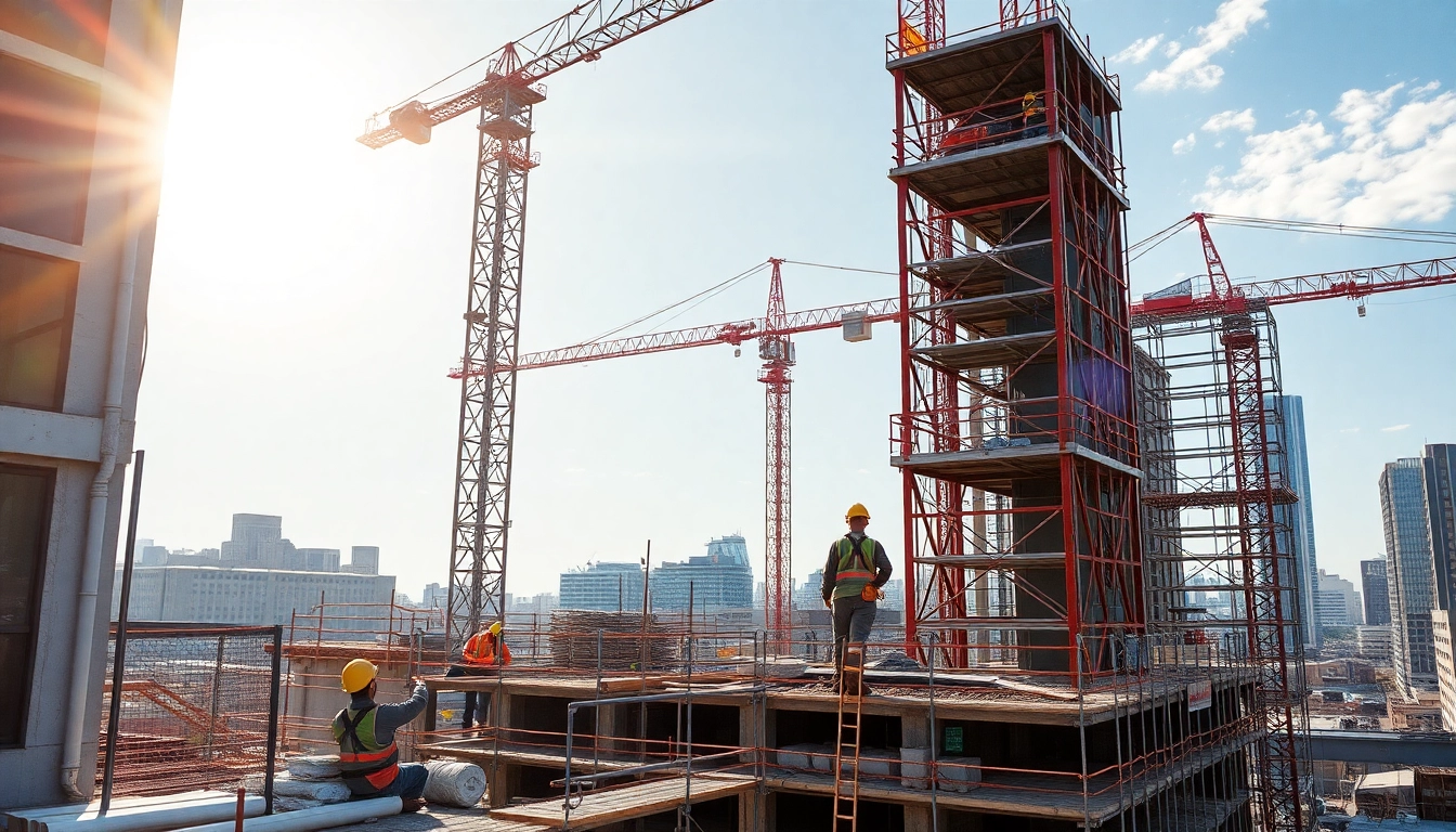Austin construction site bustling with workers and machinery showcasing urban development.