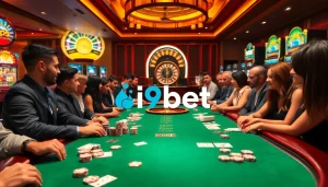 Experience the thrill of gambling at i9bet&#039;s luxurious casino table with vibrant chips and cards.