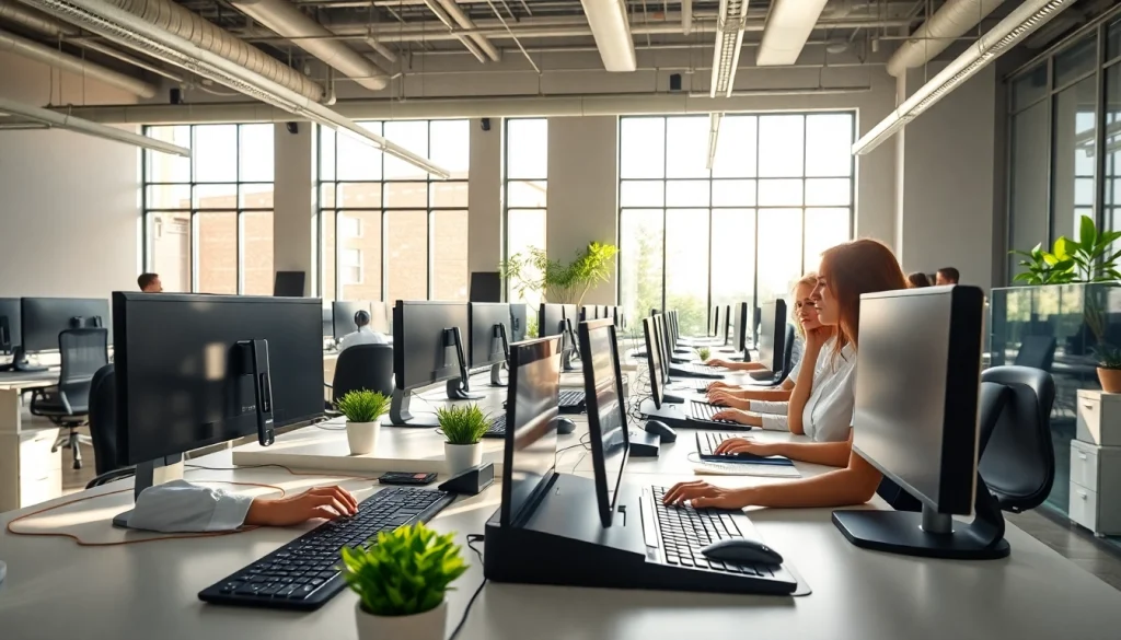 Skilled team at a typing center using advanced technology in a bright workspace.