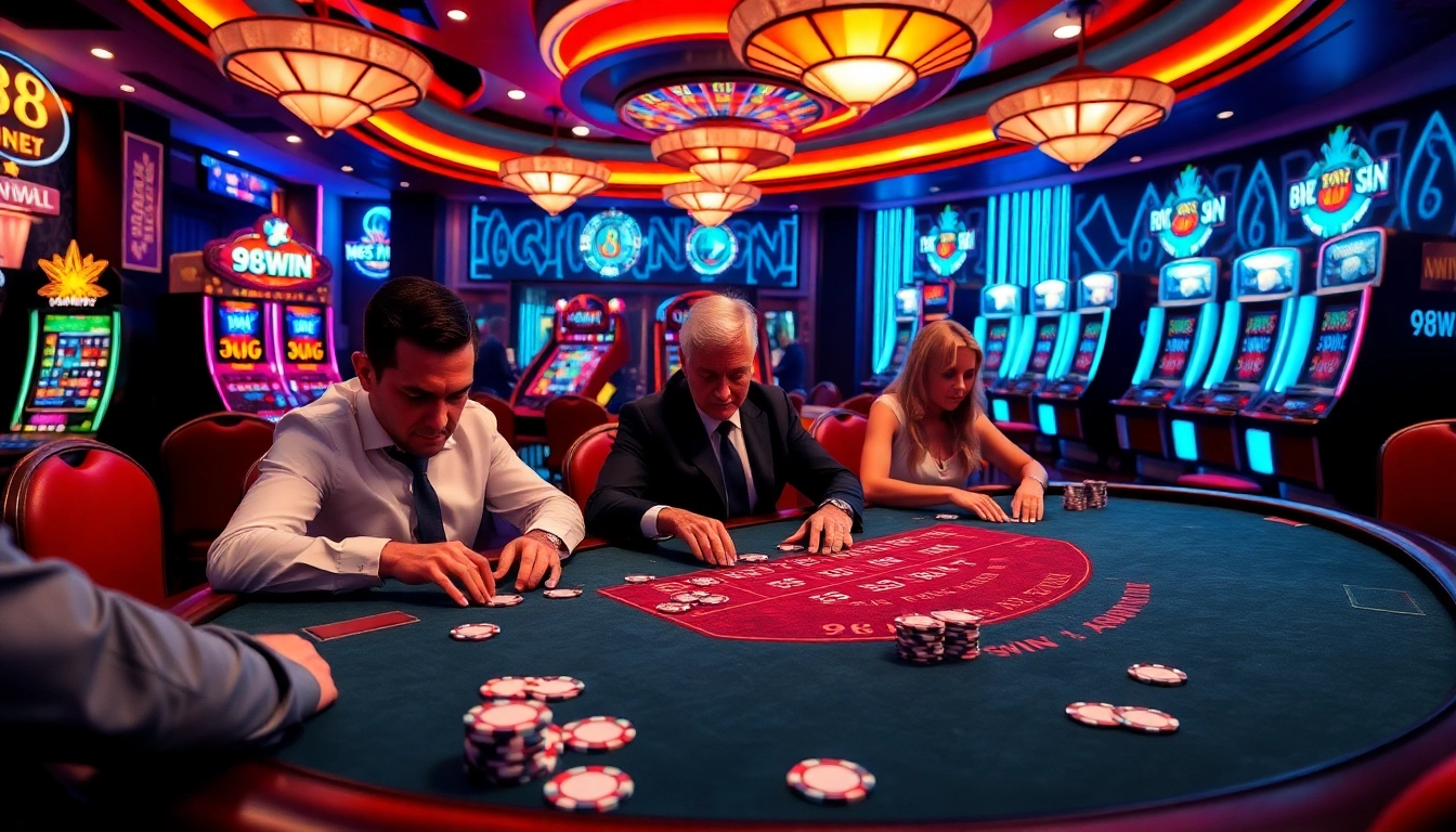 Players engaging in high-stakes gaming at 98WIN casino tables with vibrant slot machines in the background.