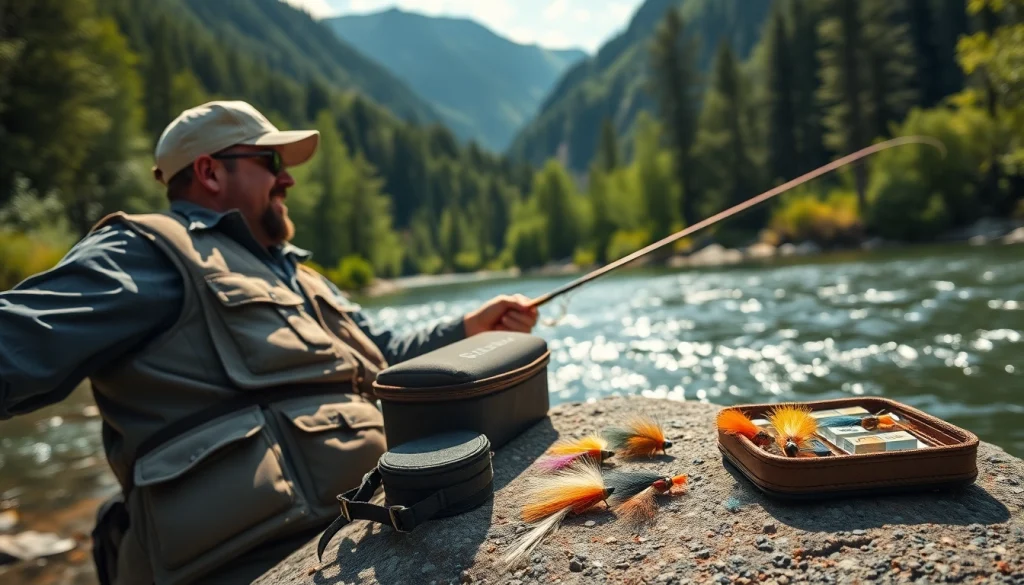 Angler using fly fishing accessories near a serene river setting.