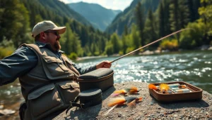 Angler using fly fishing accessories near a serene river setting.