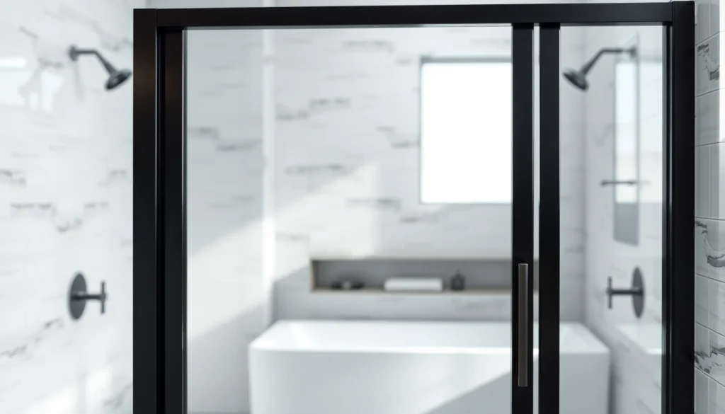 Elegant black shower door black frame enhancing a modern bathroom's aesthetic.