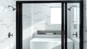 Elegant black shower door black frame enhancing a modern bathroom's aesthetic.