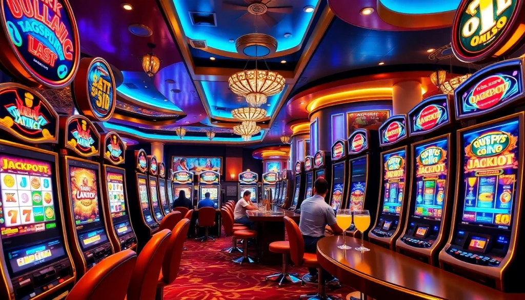 Pemain meraih kemenangan di mesin Slot Depo 1K, merayakan kemenangan jackpot dalam suasana kasino yang semarak.