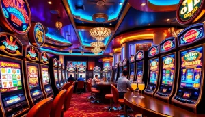 Pemain meraih kemenangan di mesin Slot Depo 1K, merayakan kemenangan jackpot dalam suasana kasino yang semarak.