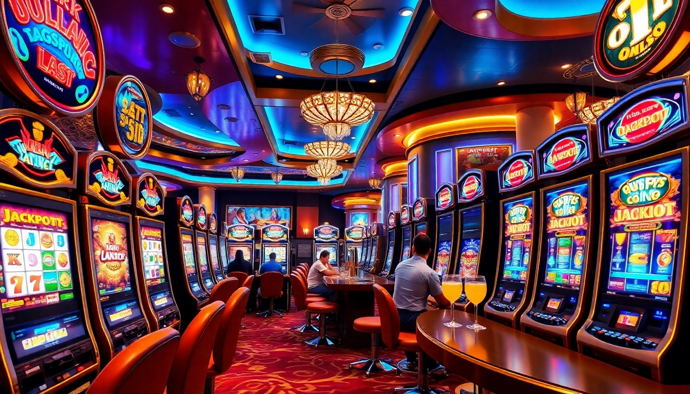 Pemain meraih kemenangan di mesin Slot Depo 1K, merayakan kemenangan jackpot dalam suasana kasino yang semarak.