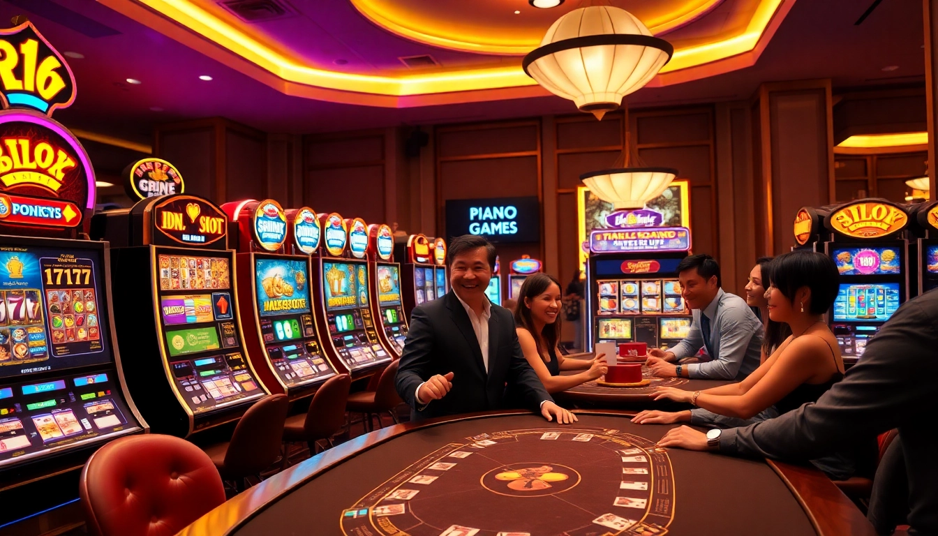 Play exciting idnslot games at a luxurious casino featuring vibrant slot machines and elegant poker tables.