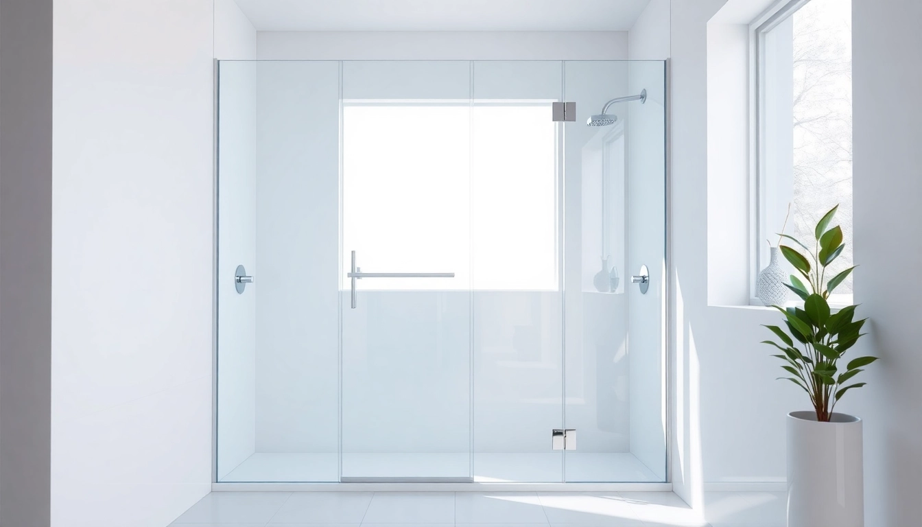 Elegant shower screen door in a modern bathroom setting with natural light and chrome fixtures.