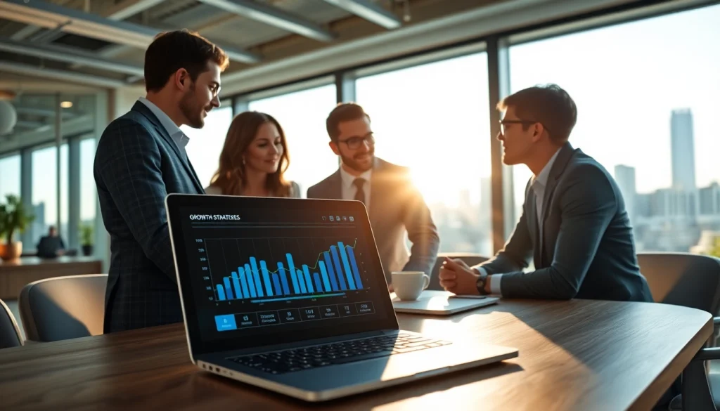 Engaged team discussing growth strategy trends in a modern workspace with a city view.