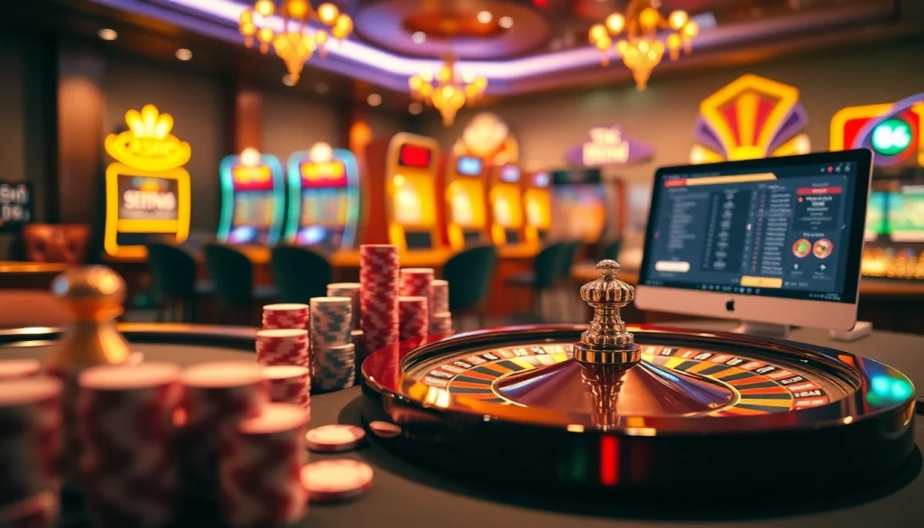 Exciting online gaming scene at https://okfun.page showcasing poker chips and roulette wheel.