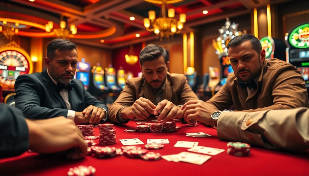 Intensely strategizing players at the RR88 poker table in a luxurious casino setting.