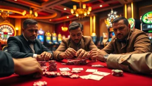 Intensely strategizing players at the RR88 poker table in a luxurious casino setting.